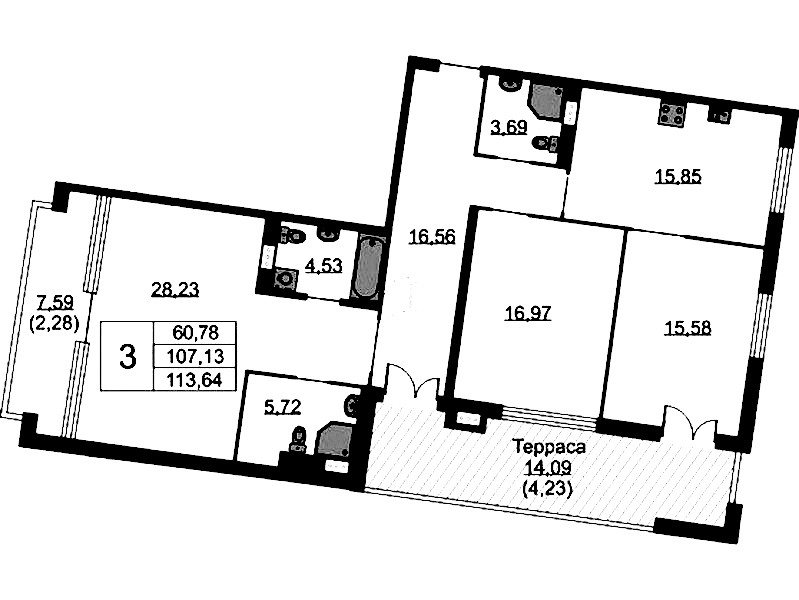 3-комнатная квартира 113.64 м², 8/9 эт., ЖК «Бакунина 33»